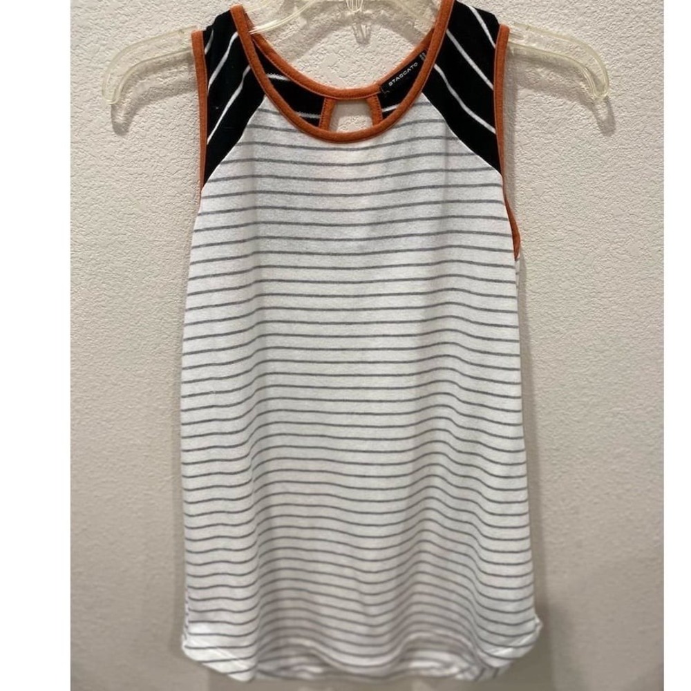 Staccato Women's Tank Top S Black White Striped Orange Trim Sleeveless